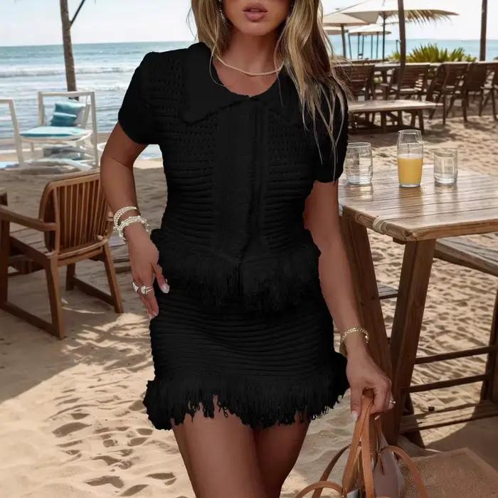 Ensemble élégant jupe courte et haut tricoté à manches courtes boutonné pour femme, nouvelle collect