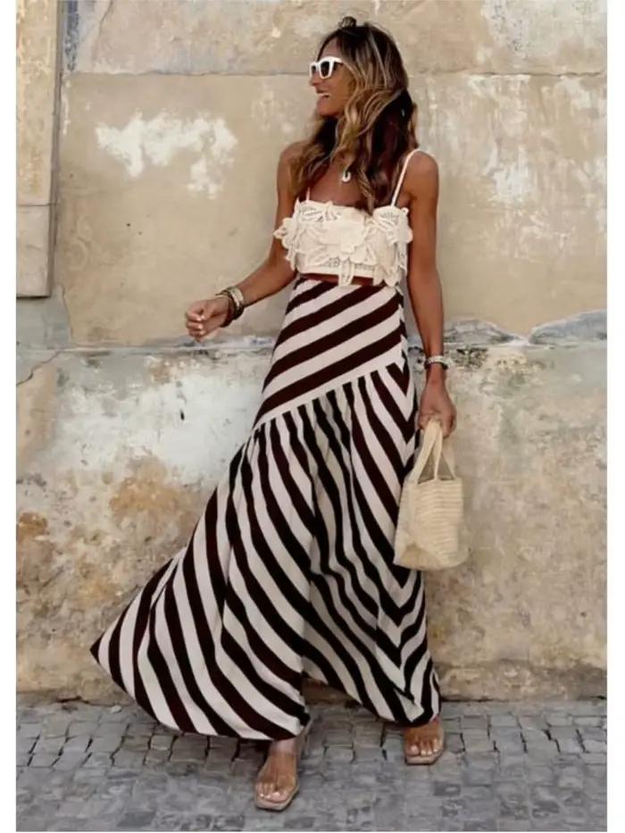 Jupe imprimée rayée pour femmes, mode, taille haute, ample, longue, décontractée, Y2k, plage, Street