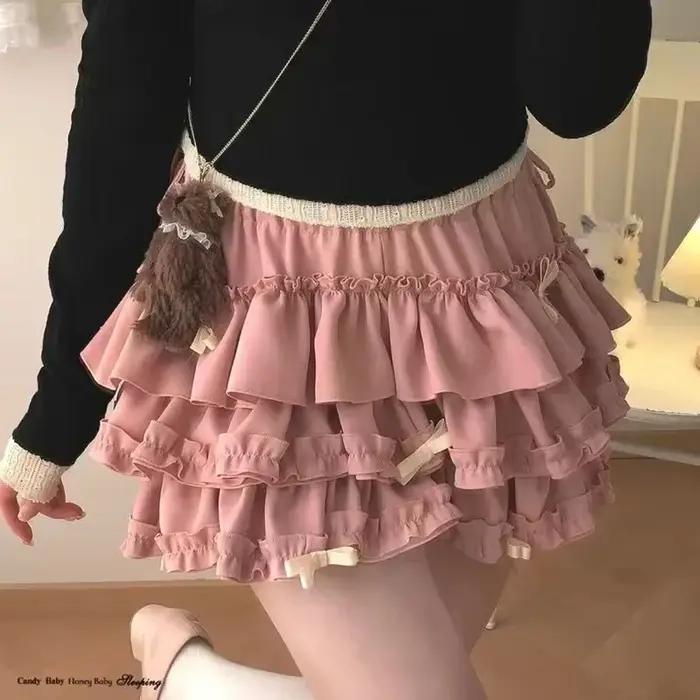 Jupes coréennes à nœud doux pour femmes, taille haute, Mini jupe gâteau japonaise, Vintage, mode Pre