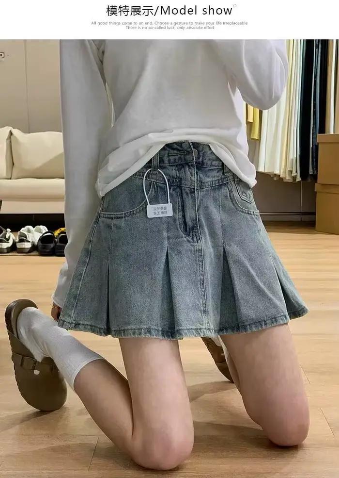 Jupe en jean clair pour femme, nouvelle jupe plissée taille haute fine en forme de A, longue et poly