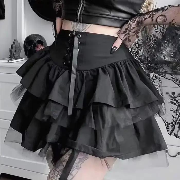 Jupe mini trapèze noire à dentelle style punk Y2K tendance pour filles, jupes mi-longues rétro cultu