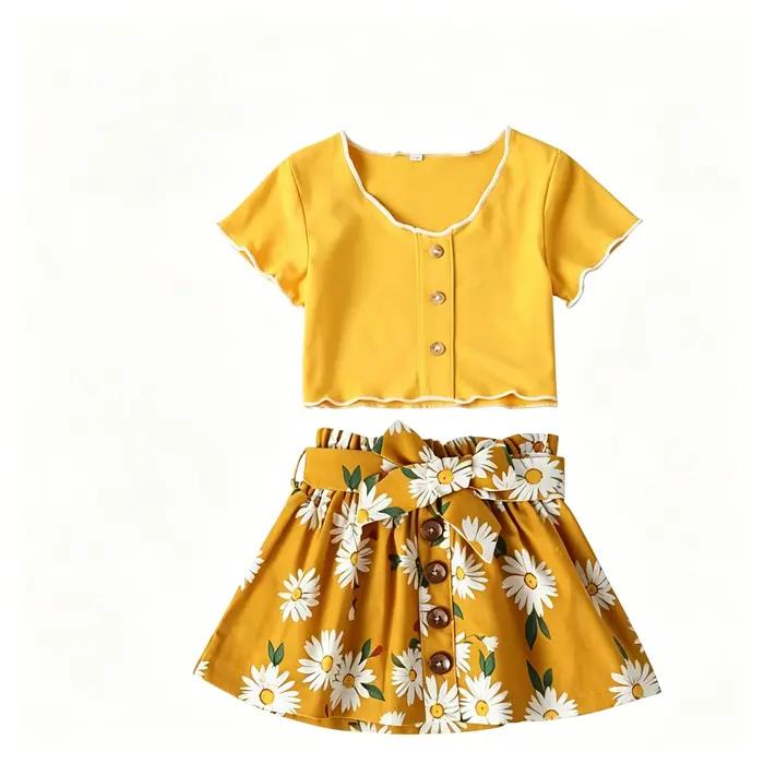 Ensemble t-shirt pour filles avec boutons sur le devant et jupe à imprimé floral
