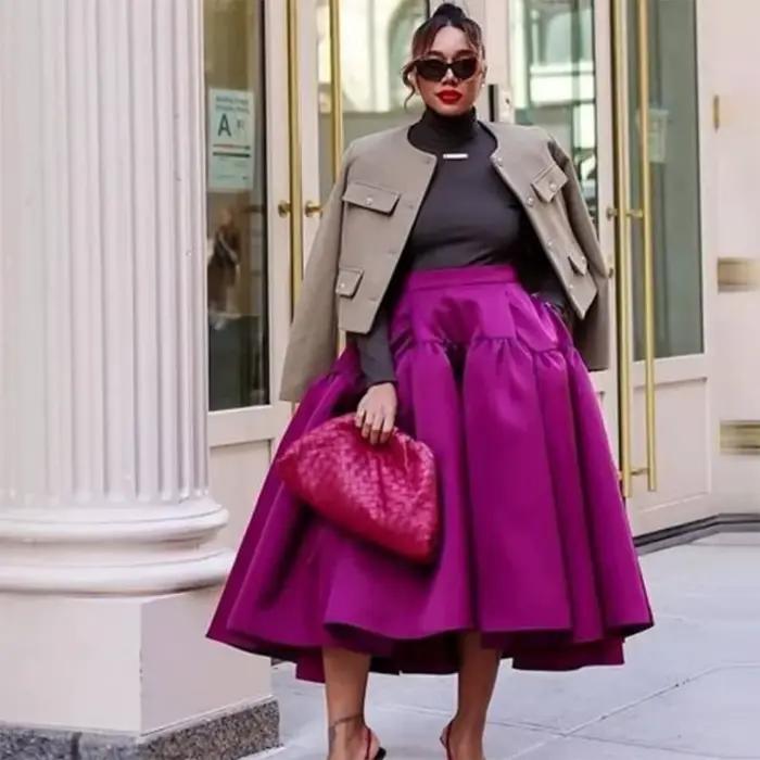 Jupes bouffantes en satin violet pour femmes, vêtements de soirée de mariage, jupe en satin taille h