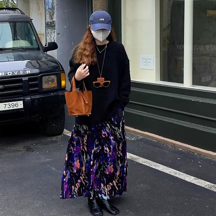 Jupe longue à plis floraux pour femmes, vêtements chics, taille haute, grande balançoire, été, vinta