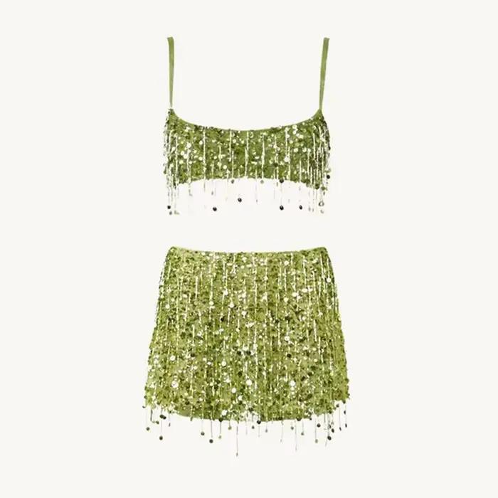 Ensemble jupe à franges à paillettes pour femmes, haut court à bretelles, paquet de hanches, jupes c