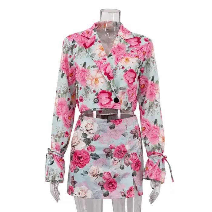Tenue jupe imprimée florale pour femmes, élégante, manches longues, boutons à revers, haut court, mo