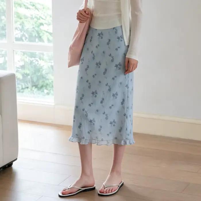 Jupe mi-longue évasée à imprimé floral, taille haute, amincissante, pour femme, nouveau style d'été,
