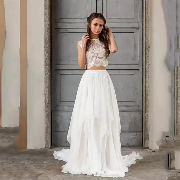 Robe De Mariée Deux Pièces Bohème Dentelle Sexy Jupe Longue En Mousseline Plage Jardin Été Haut Cour