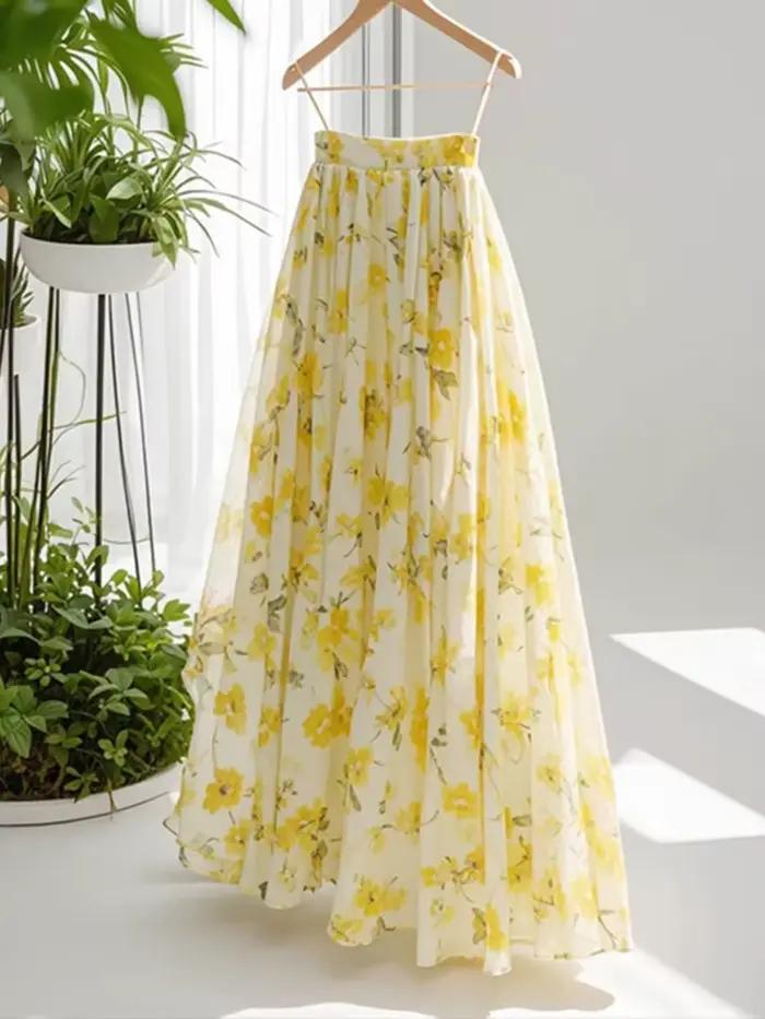 Jupes longues à fleurs jaunes pour femmes, mode ample, taille haute, élégantes, Chic coréen, décontr
