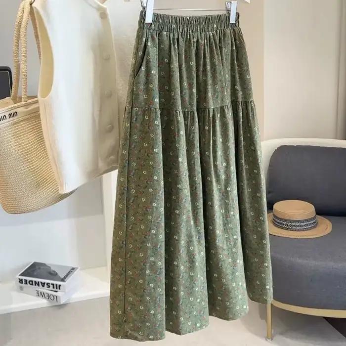 Jupe mi-longue tendance à fleurs pour femmes, taille haute, été, vintage, décontractée