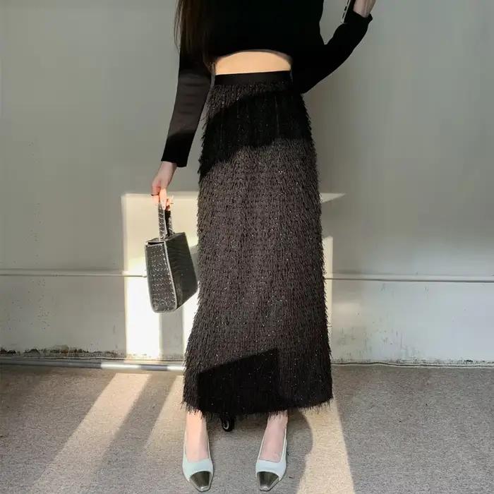 Jupe longue taille haute A-Line pour femme, plumes, jambe fendue, mode élégante, dame chaude, monoch