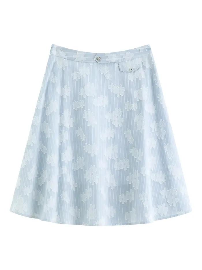 Jupe trapèze jacquard d'inspiration française FSLE 2026 pour femme, à rayures florales et silhouette
