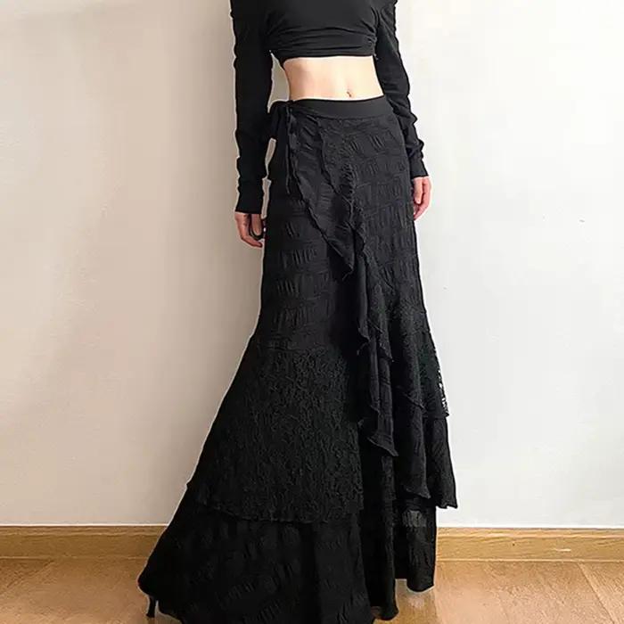 Y2K – jupe longue noire pour femmes, Harajuku, gothique, dentelle, asymétrique, Maxi, été, volants c