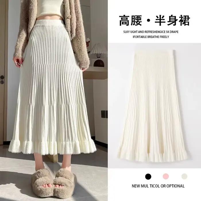 Jupe tricotée pour femmes, taille haute et fine en hiver, jupe parapluie avec sensation drapée d'épi