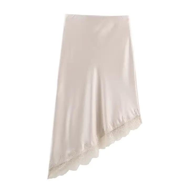Jupe en satin et dentelle pour femme, élégante, asymétrique, mini-jupe vintage à taille élastique, f