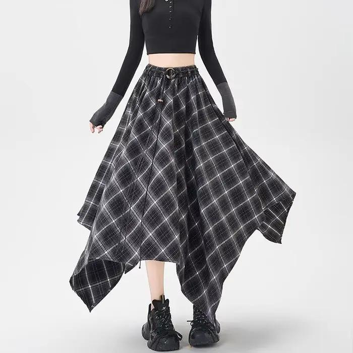 Jupe à carreaux taille haute élastique pour femmes, ligne A, mi-longue, Style coréen, mode rétro pol