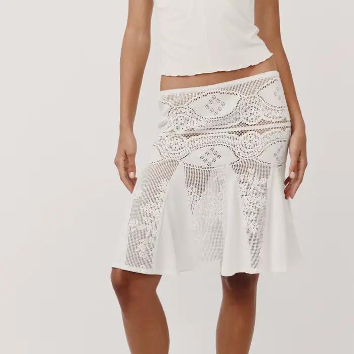 Jupe longue fluide mi-longue pour femme, transparente, à volants, taille haute, broderie florale, aj