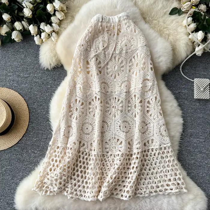Jupe longue en coton fleuri pour femme, jupe en dentelle ajourée, taille élastique, style bohème, vi