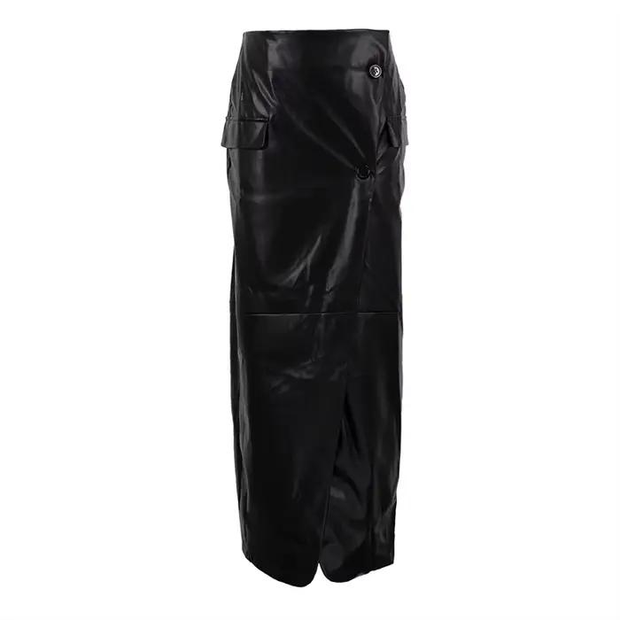 Jupe longue en cuir PU pour femmes, vêtements à la mode, taille haute, fendue, noire, nouvelle colle