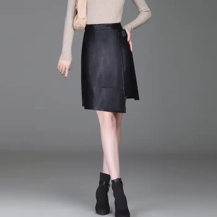 Femmes asymétrique Pu cuir jupe courte femmes Sexy tenue de club genou longueur jupes automne hiver 
