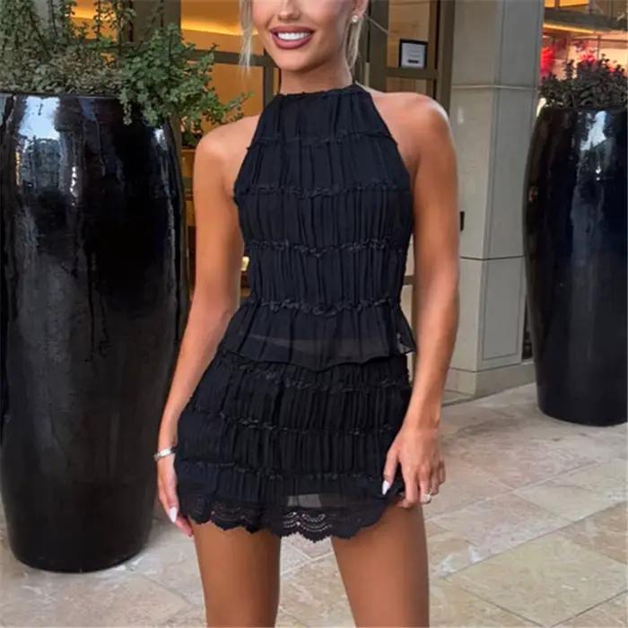 Hirigin – ensemble jupe deux pièces pour femmes, Y2k, dentelle, maille transparente, haut froncé, co