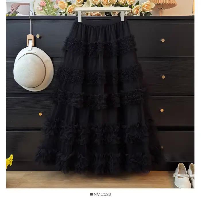 Jupe tutu en maille à volants pour femme, jupe évasée à plusieurs niveaux, jupe bouffante en tulle s