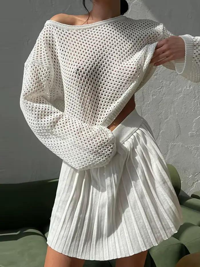 Ensemble haut tricoté ajouré et mini-jupe plissée pour femme, hauts amples à manches longues col ron