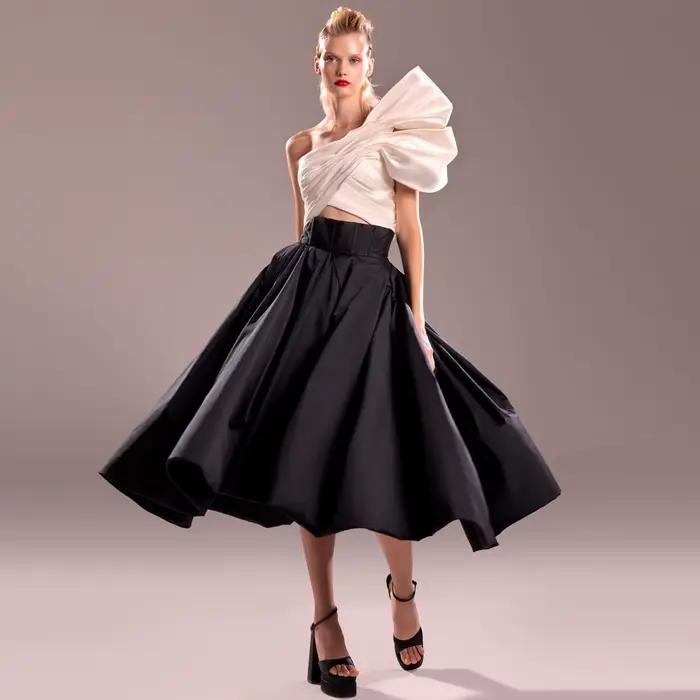 Jupe Mi-Longue Noire de Haute Qualité pour Femme, Tenue de Soirée Plissée en Taffetas, sur Mesure