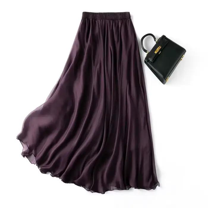 Femmes jupe en soie 100% soie de mûrier violet avec Double doublure été plage taille élastique vacan