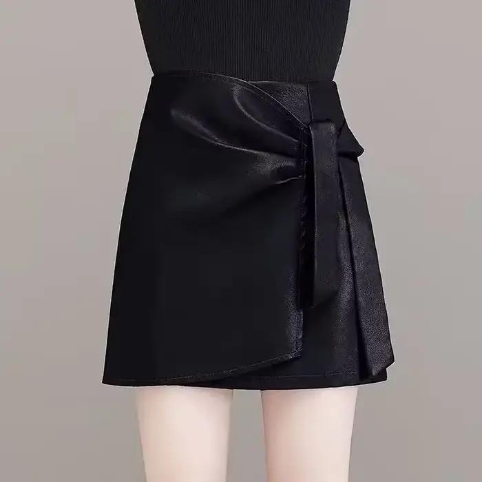 Mini-jupe en similicuir pour femme, style portefeuille, taille à nouer, ourlet asymétrique