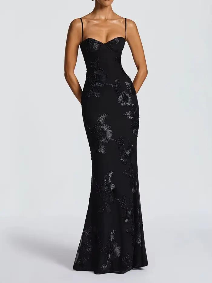 Robe de soirée élégante sans dos, couleur unie, style français, à fines bretelles, ornée de fleurs, 