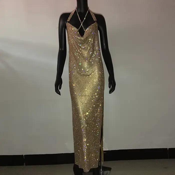 Robe dos nu en biscuits pour femmes, vêtements de boîte de nuit, licou en métal, robes de soirée lon