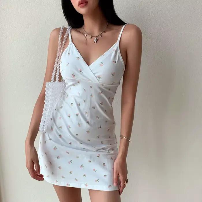 Jupe coréenne à col en V et bretelles, jupe évasée à taille haute, mini-jupe vintage à imprimé flora