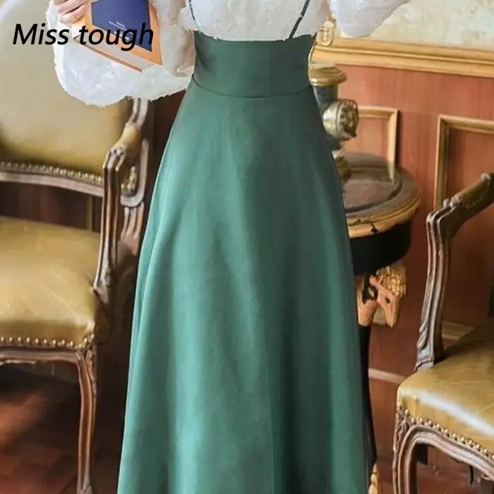 Nouvelle jupe longue élégante pour femme, style vintage Y2K, coupe ajustée, chic, vert, collection P