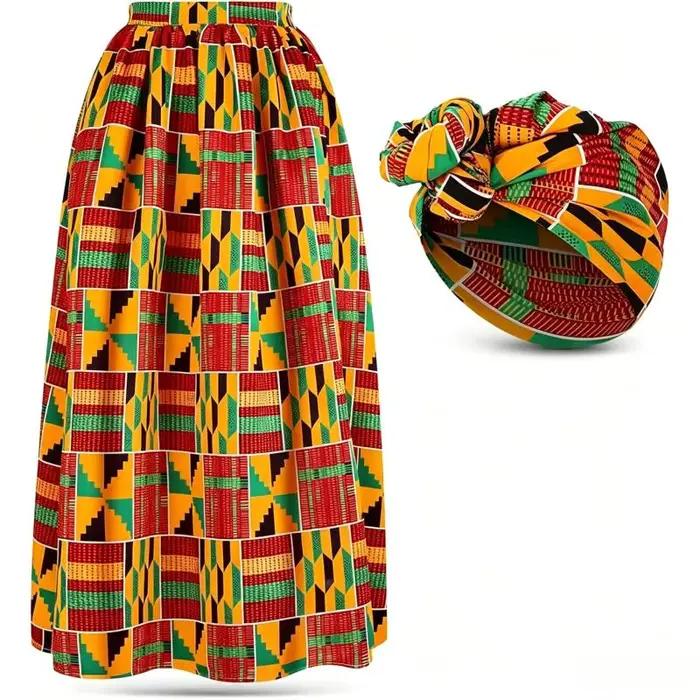 Ensemble jupe longue et foulard africain Ankara pour femme, style bohème traditionnel, 2 pièces, idé
