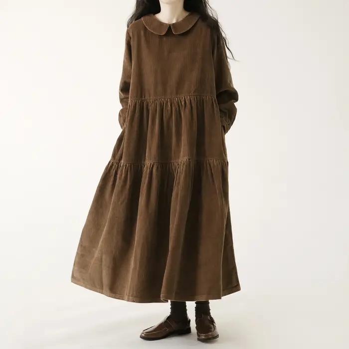 Automne hiver robe en velours côtelé femmes robes décontractées mode femme robes à manches longues V
