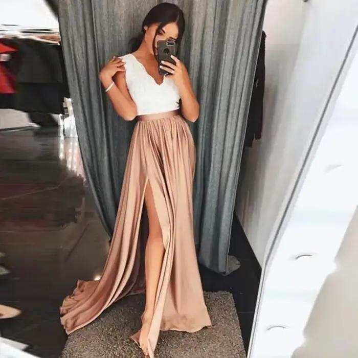 Jupes de soirée taille haute pour femmes, jupe longue orange, fente latérale sexy, satin élastique, 