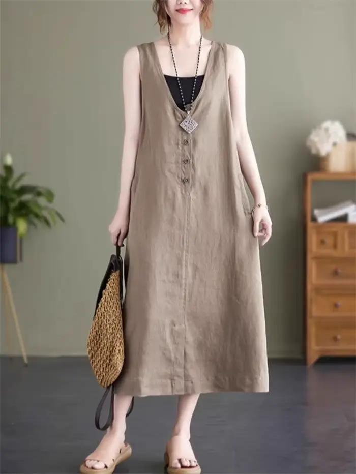 Robe en fibre de lin de coton pour femme, grande taille, décontractée, mince, longueur moyenne, soli
