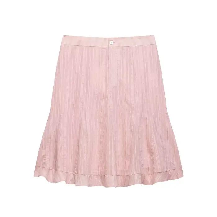 Jupe mi-longue décontractée évasée taille haute rose clair rayée élégante et respirante pour femme –