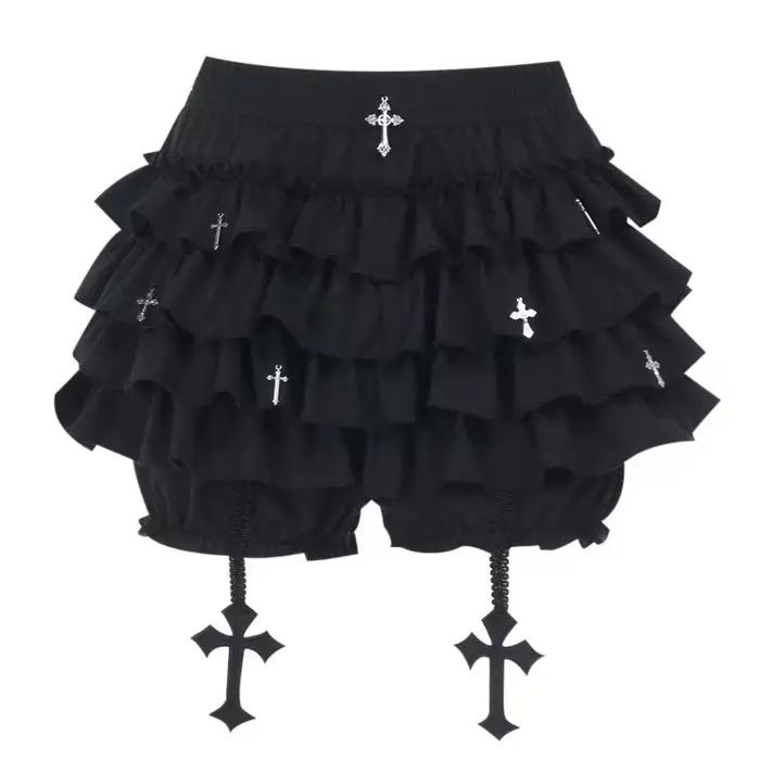 Jupes pour femmes, jupe courte à volants superposés avec breloques croisées, short intégré, jupe-sho