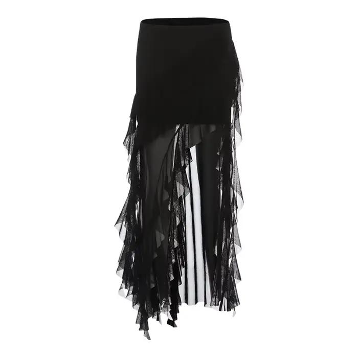 Jupe mi-longue décontractée style urbain cool avec franges taille basse pour femme, collection été D