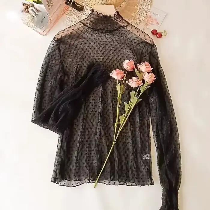 Femmes Sexy à manches longues voir à travers maille T-Shirts Transparent dentelle Blouse hauts pour 