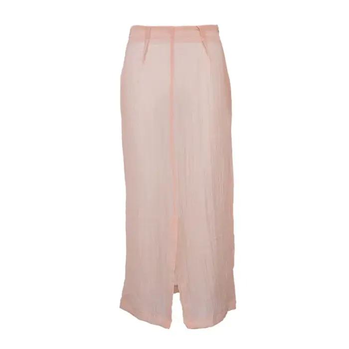 Jupe midi transparente rose en mélange de coton pour femme, taille haute, fente avant, moulante, élé