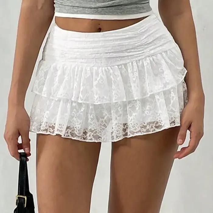 Jupes bloomer à volants mignonnes pour femmes, jupe d'été en dentelle florale, taille haute, à plusi