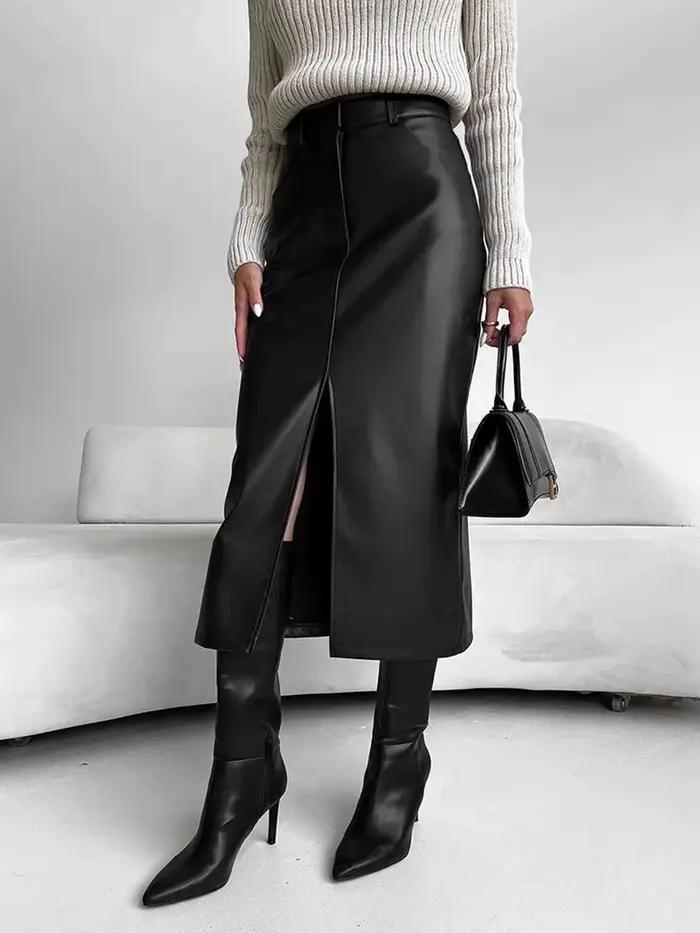 Jupe en cuir taille haute femmes fente avant printemps automne jupe longue taille haute bureau dame 
