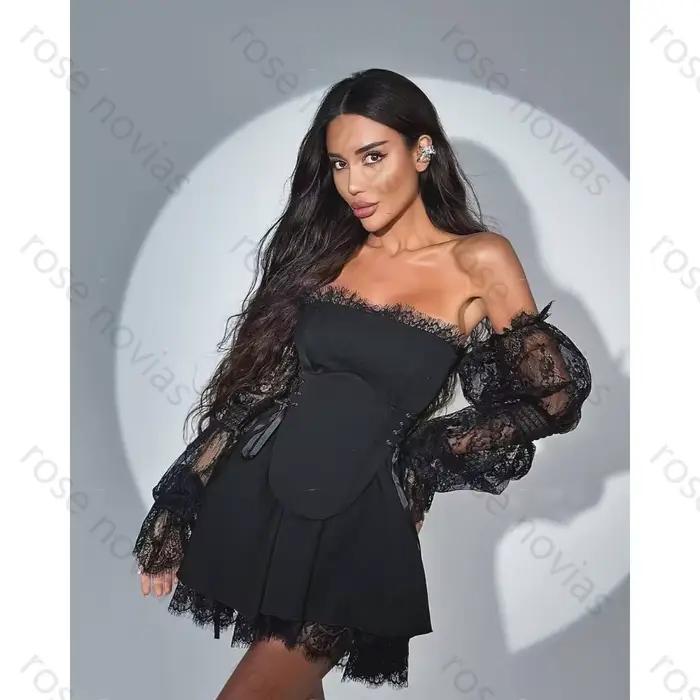 Robes de cocktail noires élégantes personnalisées, coupe trapèze, sans bretelles, en dentelle de hau