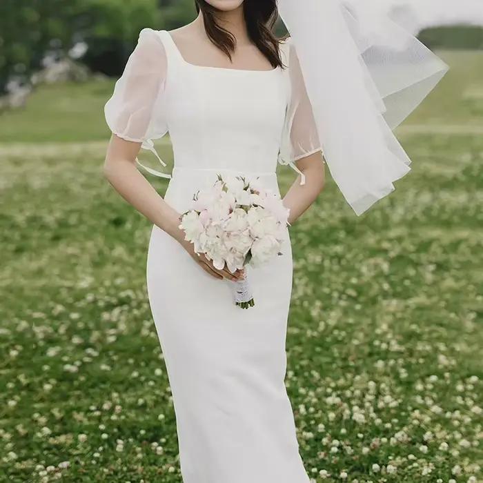 Robe de mariée simple en satin vintage, col carré, manches bouffantes, longueur de rinçage, robes de