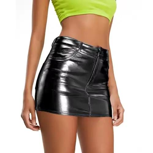 Jupes métalliques brillantes Y2K, taille basse, moulante, Mini jupes Cargo avec poche, tenues Rave p