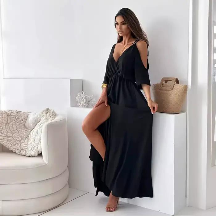 Robe longue décontractée à lacets pour femmes, robe de soirée fluide, col en V uni, manches courtes,