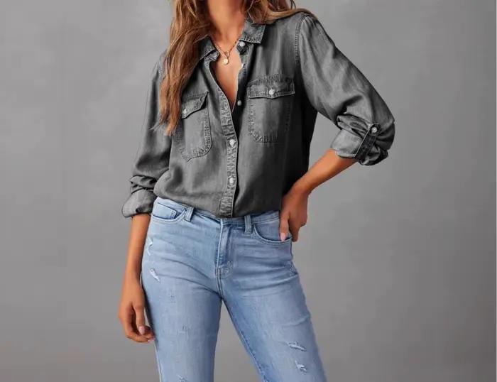 2025 nouvelle chemise en jean automne mode décontracté revers simple boutonnage femmes chemise à man